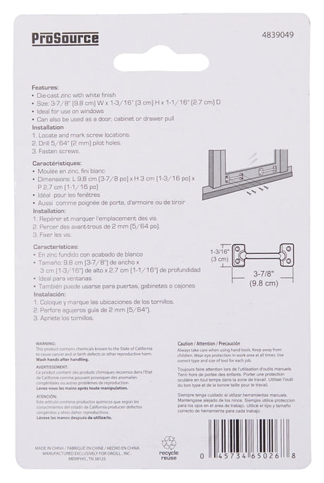 ProSource 20902PHB-PS Sash Lift, 3-7/8 in L Handle, Zinc, White