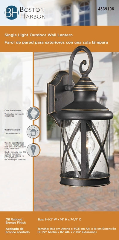 Boston Harbor LT-H04 Single Light Outdoor Wall Lantern, 120 V, 60 W, A19 or CFL Lamp, Steel Fixture
