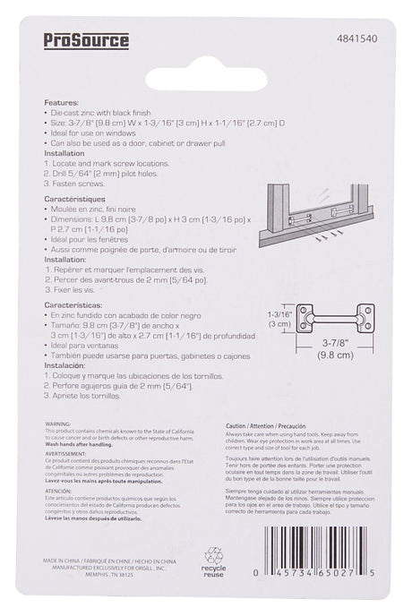 ProSource 20902PKB-PS Sash Lift, 3-7/8 in L Handle, Zinc, Black
