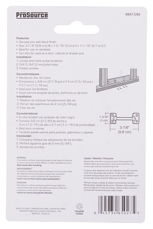 ProSource 20902PKB-PS Sash Lift, 3-7/8 in L Handle, Zinc, Black