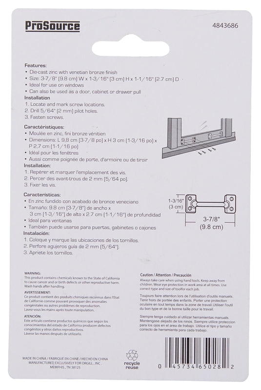 ProSource 20902PWH-PS Sash Lift, 3-7/8 in L Handle, Die-Cast Zinc, Venetian Bronze