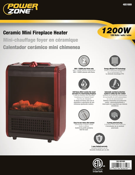 PowerZone TNP-2008I-E3 Ceramic PTC Heater, 10 A, 120 V, 600/1200 W, 2-Heat Setting, Red
