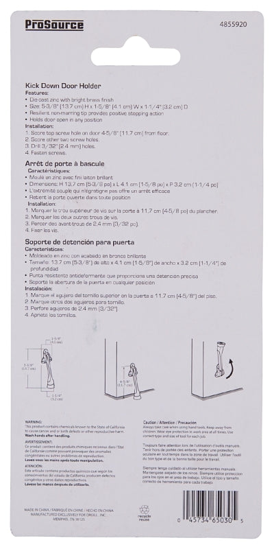 ProSource CL-230BB-PS Door Holder, 5-3/8 in L, 1-5/8 in W, 2 in H, Attaches to Door Mounting, Rubber/Zinc, Brass