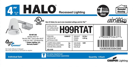 Halo H99RTAT Recessed Housing, 4 in Dia Recessed Can, Steel