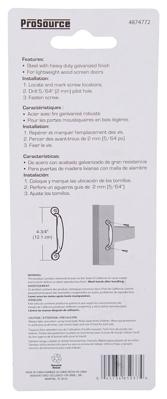 ProSource 20914MGS-PS Door Pull, 3/4 in W, 4-3/4 in D, 1-3/16 in H, Steel, Galvanized