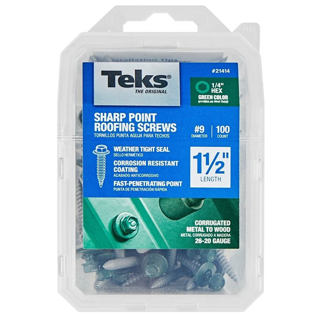 Teks 21414 Roofing Screw, 1-1/2 in L, Coarse Thread, Washer Head, Hex Drive, Sharp Point, Steel, Zinc-Plated, 100