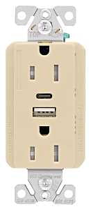 Eaton Cooper Wiring TRUSBAC15 TRUSBAC15V-K-L Receptacle, 2 -Pole, 5 A, 125 VAC, 2 -USB Port, Type A, C USB, Ivory