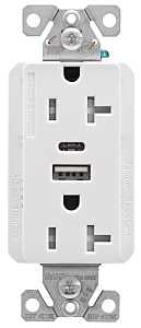 Eaton Cooper Wiring TRUSBAC20 TRUSBAC20W-K-L Receptacle, 2 -Pole, 5 A, 125 VAC, 2 -USB Port, Type A, C USB, White