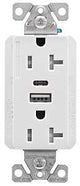 Eaton Cooper Wiring TRUSBAC20 TRUSBAC20W-K-L Receptacle, 2 -Pole, 5 A, 125 VAC, 2 -USB Port, Type A, C USB, White