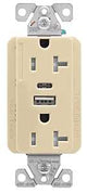 Eaton Cooper Wiring TRUSBAC20 TRUSBAC20V-K-L Receptacle, 2 -Pole, 5 A, 125 VAC, 2 -USB Port, Type A, C USB, Ivory