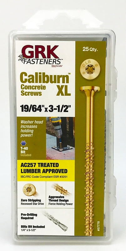 GRK Fasteners CALIBURN XL 57778 Heavy-Duty Concrete Screw, 19/64 in Dia, 3-1/2 in L, 3200 lb, Steel