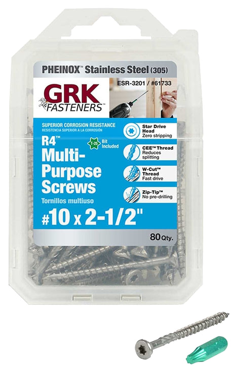 GRK Fasteners 61733 Framing and Decking Screw, #10 Thread, 2-1/2 in L, W-Cut Thread, Flat Head, Star Drive, 80 PK
