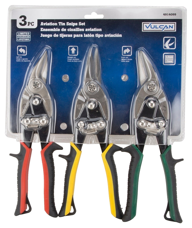 Vulcan JL-TS3PCS Aviation Snip Set, 10-1/8 in OAL, Left/Right/Straight Cut, Chrome Vanadium Steel Blade