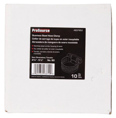 ProSource HCRSS80 Perforated Hose Clamp, Clamping Range: 4-5/8 to 5-1/2 in, 300 Stainless Steel, Stainless Steel, Pack of 10