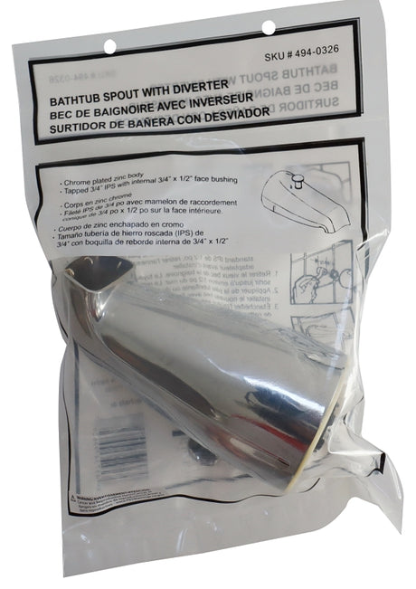 ProSource 24501-3L Bathtub Spout with Diverter, 5-1/4 in L, 3/4 x 1/2 in Connection, IPS, Zinc, Chrome Plated