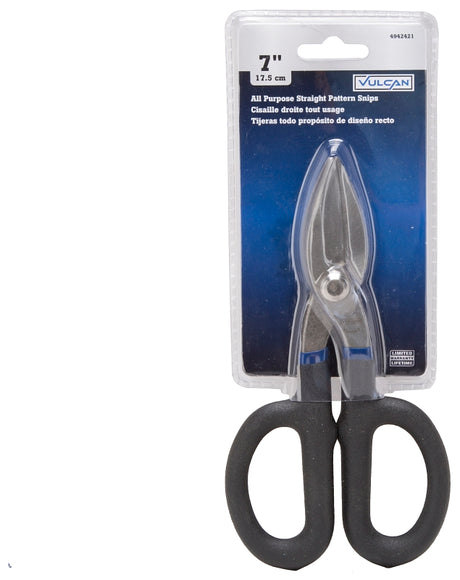 Vulcan TS-01407 Snip, 7 in OAL, 2 in L Cut, Straight Cut, Carbon Steel Blade, Non-Slip Grip Handle, Black/Blue Handle