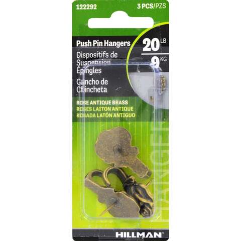 HILLMAN Antique Brass Gold Push Pin Picture Hook 20 lb 3 pk, Pack of 10