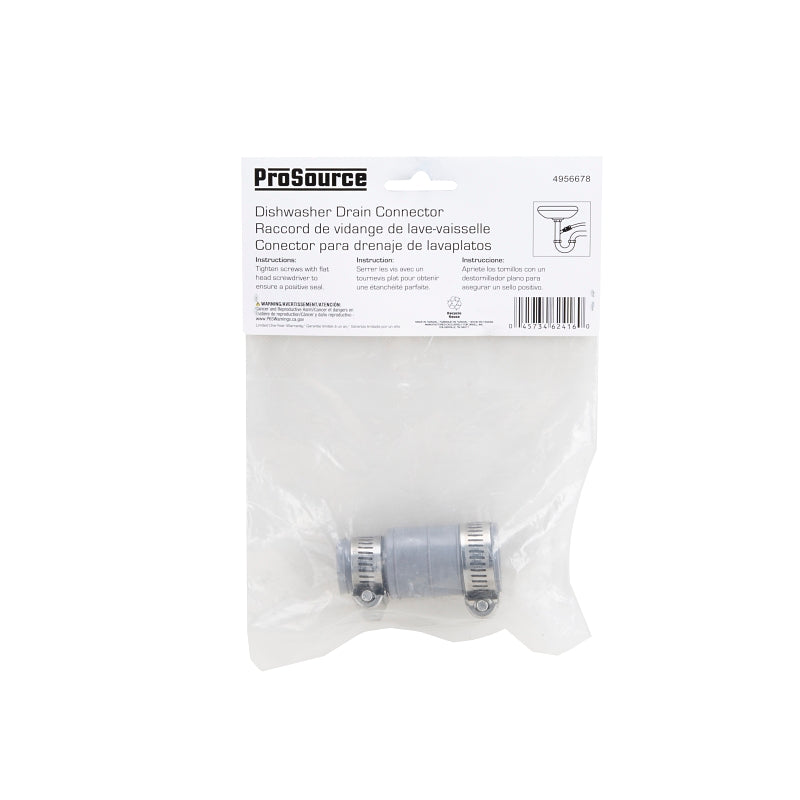 ProSource DWC-100 Dishwasher Connector with Clamp, 3/4 x 1 in, Hose Clamp, PVC, Gray
