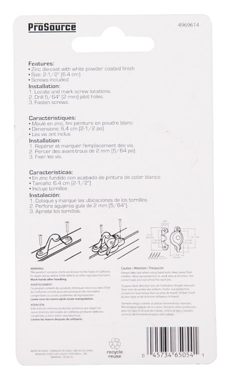 ProSource 802518W-PS Sash Cam Lock, Zinc, White