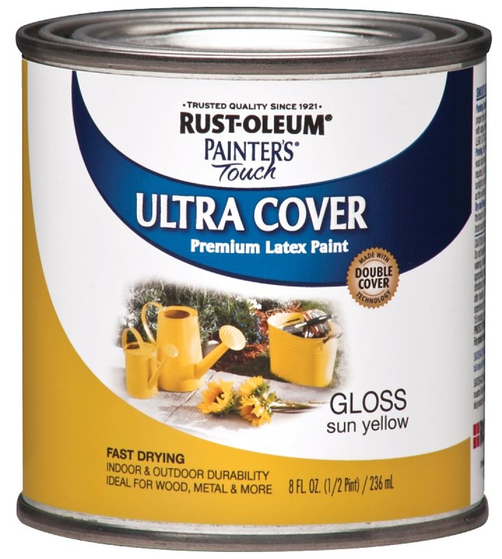 Rust-Oleum 1945730 Enamel Paint, Water Base, Gloss Sheen, Sun Yellow, 0.5 pt, Can, 120 sq-ft Coverage Area
