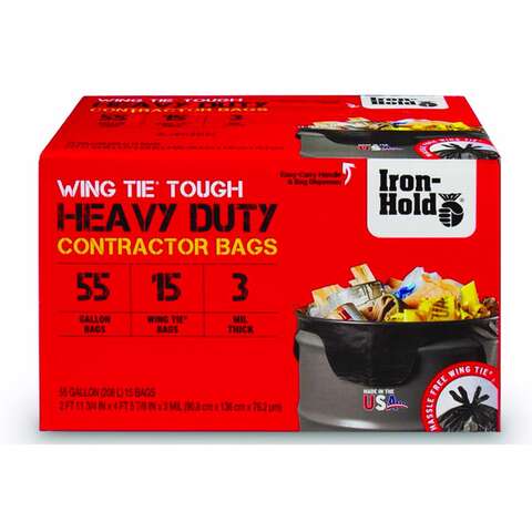 Iron-Hold 55 gal Contractor Bags Wing Ties 15 pk 3 mil, Pack of 4