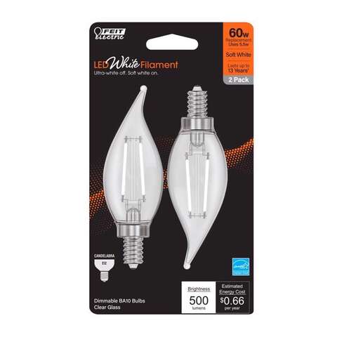 Feit White BA10 E12 (Candelabra) Filament LED Bulb Soft White 60 Watt Equivalence 2 pk