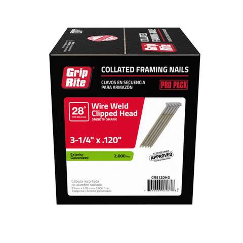 Grip-Rite 3-1/4 in. L X 11 Ga. Angled Strip Hot-Dip Galvanized Framing Nails 28 deg 2000 pk