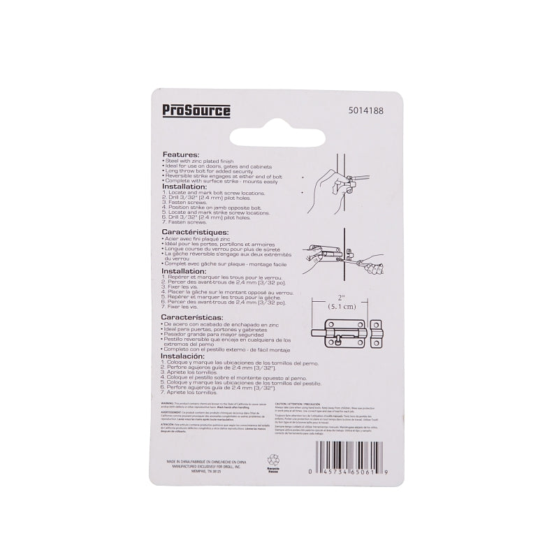 ProSource CL-199-PS Barrel Bolt, Steel, Zinc