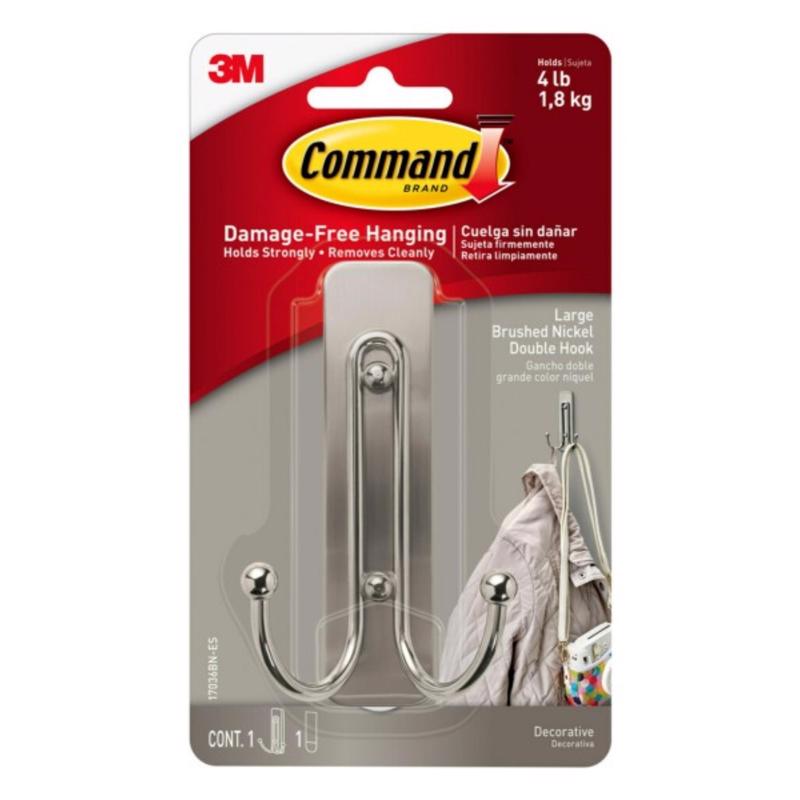 3M Command 2 in. L Brushed Nickel Metal Large Double Hook 4 lb. cap. 1 pk