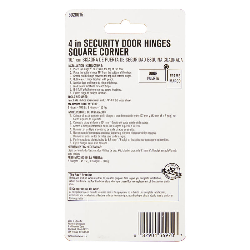 Ace 4 in. L Satin Brass Residential Door Hinge 3 pk