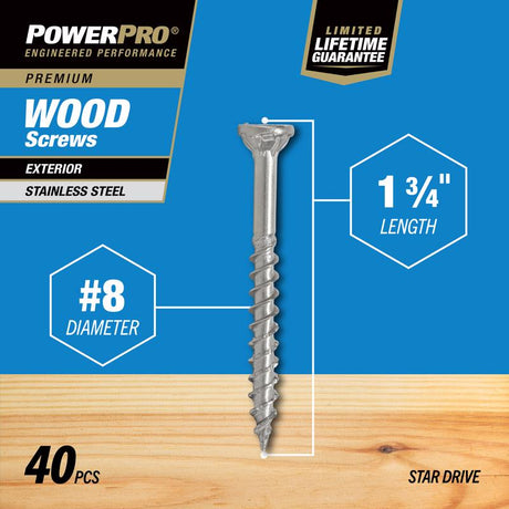 HILLMAN Power Pro No. 8 X 1-3/4 in. L Star Coarse Exterior Wood Screw 40 pk