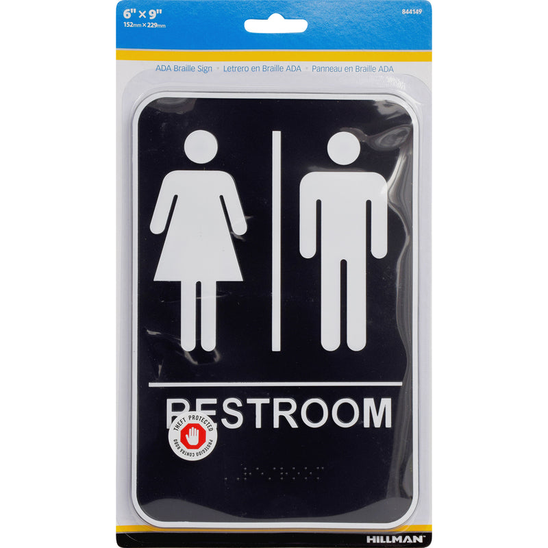 HILLMAN English Black Restroom Plaque 9 in. H X 6 in. W, Pack of 3