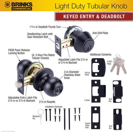 Brinks Commercial Matte Black Knob and Deadbolt Set 2 in.