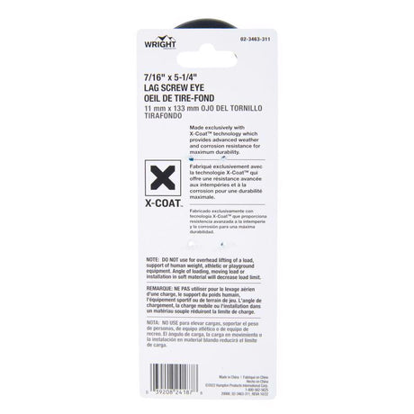 Wright 7/16 in. D X 5-1/4 in. L Black Steel Lag Screw Eye 325 lb 1 pk