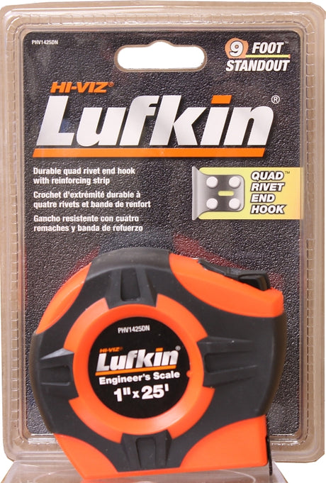 Crescent Lufkin PHV1425DN Tape Measure, 25 ft L Blade, 1 in W Blade, Steel Blade, ABS Case, Orange Case