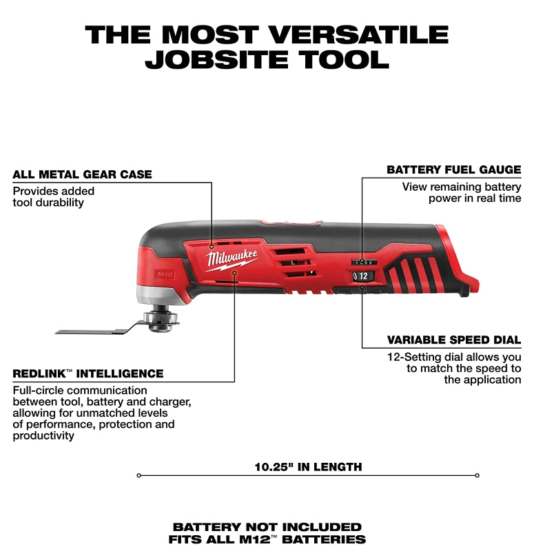 Milwaukee M12 2426-20 Multi-Tool, Tool Only, 12 V, 1.4 Ah, 5000 to 20,000 opm, Variable-Speed Trigger Control