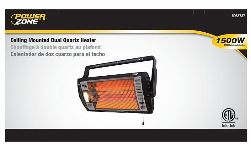 PowerZone QGW15-602 Ceiling Mounted Dual Quartz Heater, 12.5 Amp, 120 V, 1500 W, Black