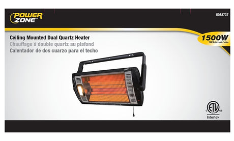 PowerZone QGW15-602 Ceiling Mounted Dual Quartz Heater, 12.5 Amp, 120 V, 1500 W, Black