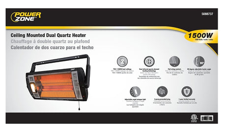 PowerZone QGW15-602 Ceiling Mounted Dual Quartz Heater, 12.5 Amp, 120 V, 1500 W, Black
