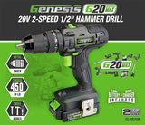 Genesis G20 Max GLHD20B Hammer Drill, Battery Included, 20 V, 2 Ah, 1/2 in Chuck, Ratcheting Chuck