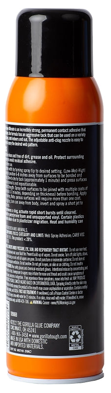 Gorilla 109852 Contact Adhesive Ultimate Spray, Characteristic, Light Yellow, 24 hr Curing, 12.2 oz Can