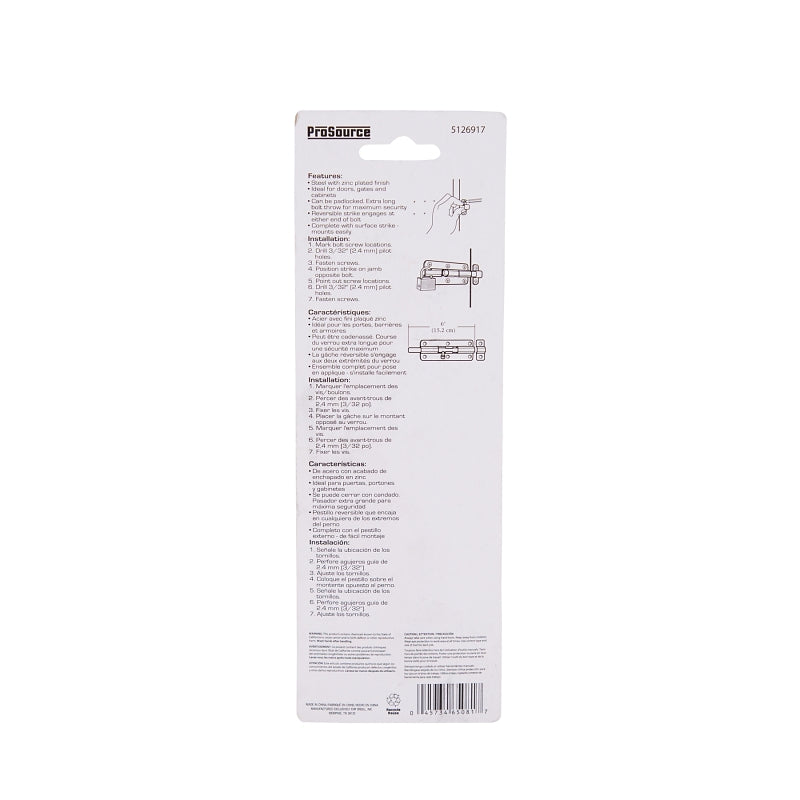 ProSource BH-104-PS Lockable Barrel Bolt, 0.31 Dia in Bolt Head, 6 in L Bolt, Steel, Zinc