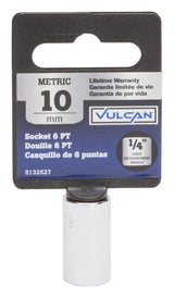 Vulcan MT6490171 Drive Socket, 10 mm Socket, 1/4 in Drive, 6-Point, Chrome Vanadium Steel, Chrome