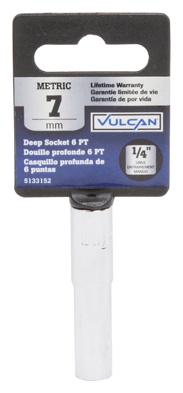 Vulcan MT6487805 Drive Socket, 7 mm Socket, 1/4 in Drive, 6-Point, Chrome Vanadium Steel, Chrome