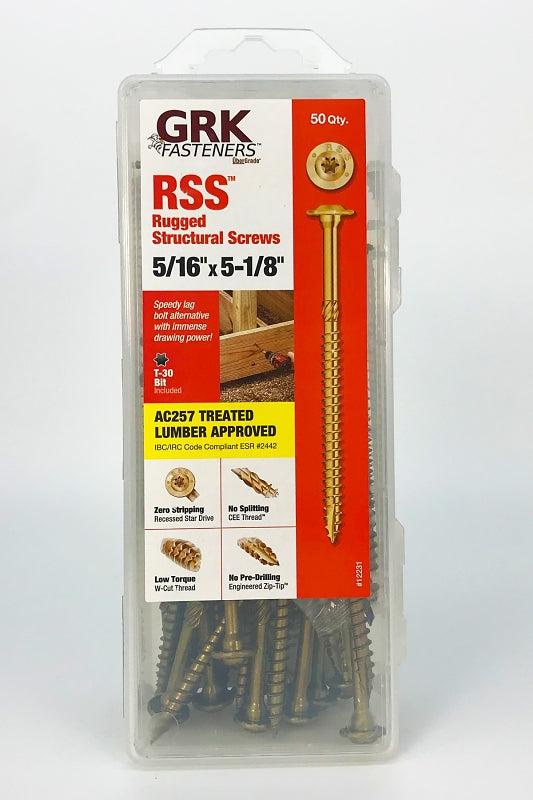 GRK Fasteners RSS 12231 Structural Screw, 5/16 in Thread, 5-1/8 in L, Washer Head, Star Drive, Steel, 50/PK