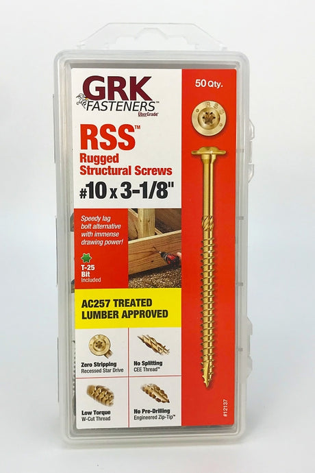 GRK Fasteners RSS 12137 Structural Screw, #10 Thread, 3-1/8 in L, Washer Head, Star Drive, Steel, 50 PK