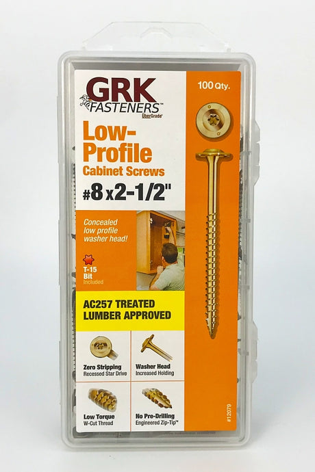 GRK Fasteners 113079 Cabinet Screw, #8 Thread, 2-1/2 in L, W-Cut Thread, Low-Profile, Washer Head, Star Drive, Steel