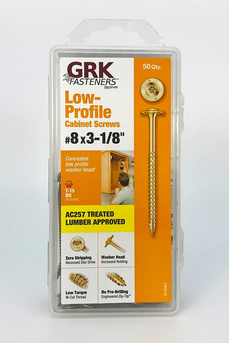 GRK Fasteners 12083 Cabinet Screw, #8 Thread, 3-1/8 in L, Coarse Thread, Washer Head, Star Drive, Steel, Yellow Zinc
