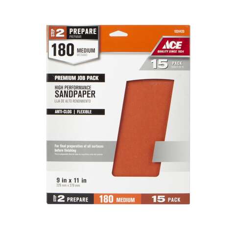 Ace 11 in. L X 9 in. W 180 Grit Aluminum Oxide All Purpose Sandpaper 15 pk