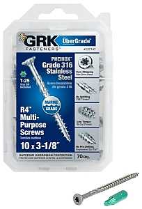 GRK Fasteners 137147 Framing and Decking Screw, #10 Thread, 3-1/8 in L, Flat Head, Star Drive, 316 Stainless Steel